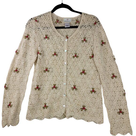 98 Vintage Susan Bristol Hand Knit Ivory Floral Embroidered Button Cardigan S - Picture 1 of 10